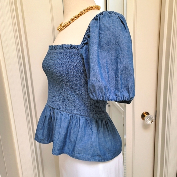 New! J Crew Squareneck Smocked Blue Chambray Top small medium - Picture 3 of 7